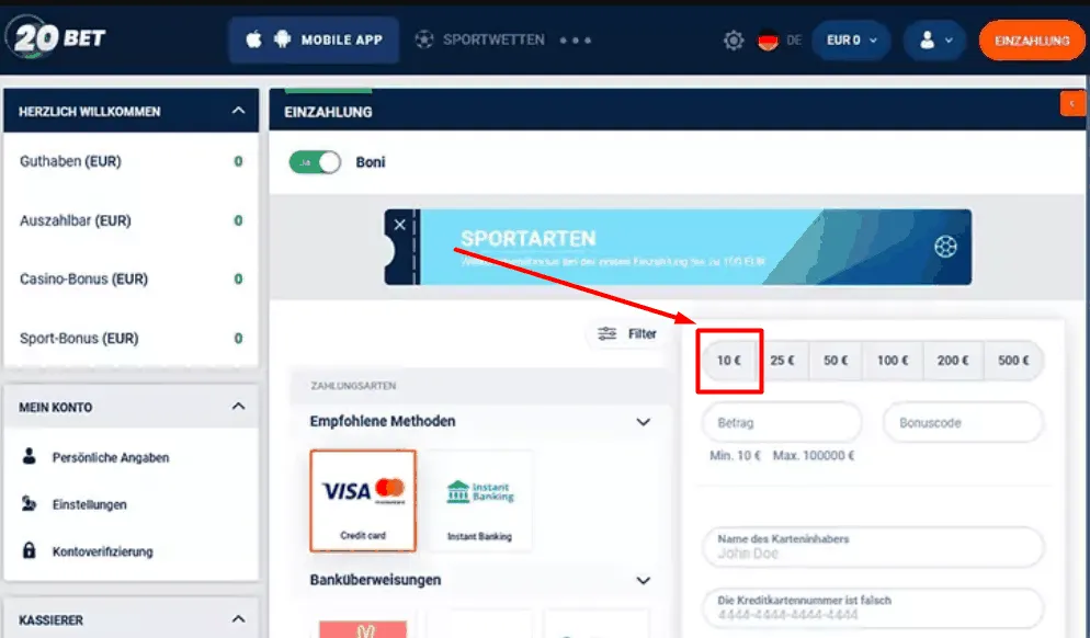 Einzahlungsmenü bei 20Bet mit ausgewähltem Betrag von 10 €