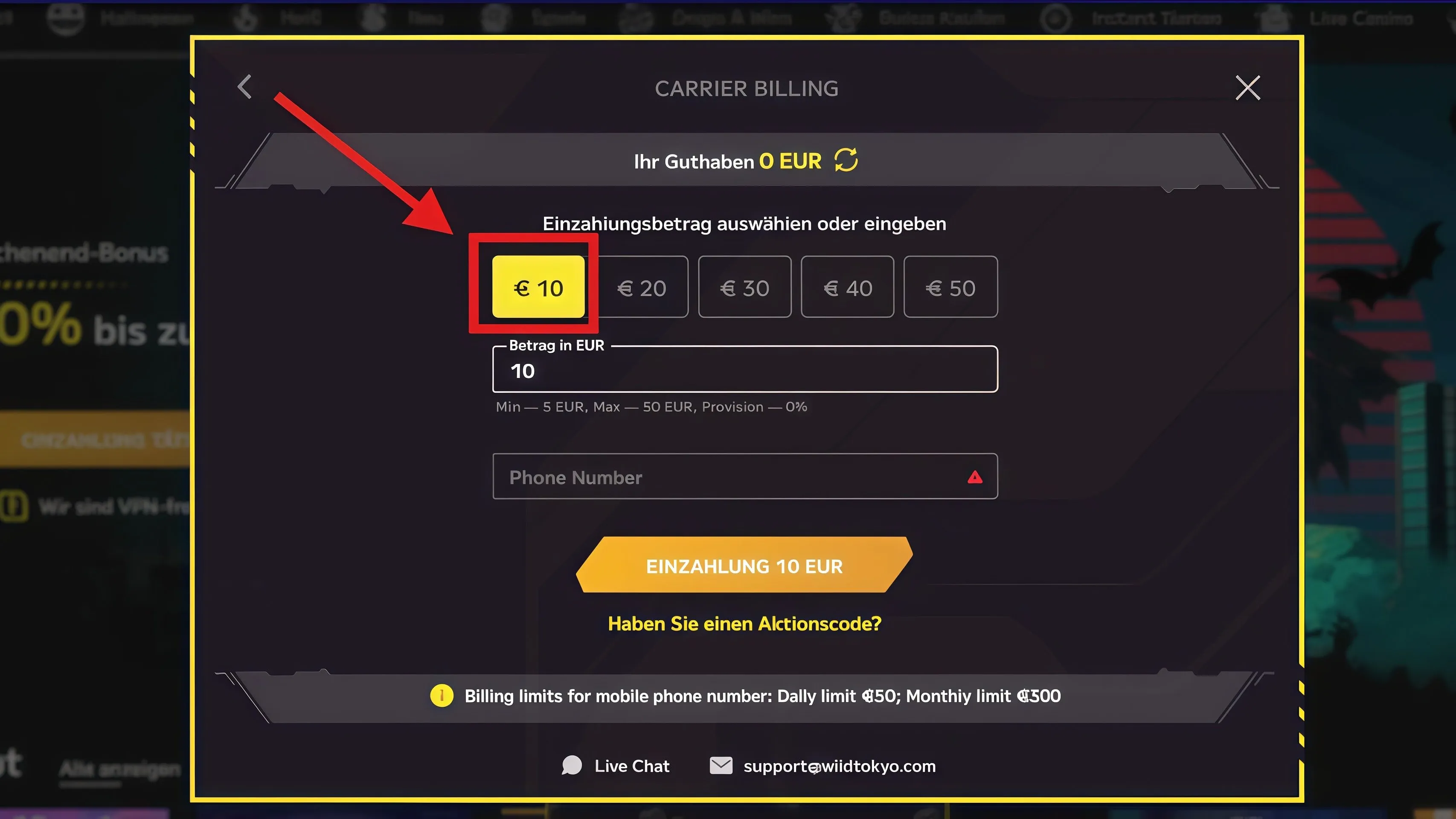 Einzahlungsmenü bei Wild Tokyo mit ausgewähltem Betrag von 10 €