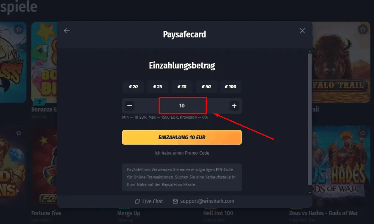 Einzahlungsmenü bei WinShark mit ausgewähltem Betrag von 10 €